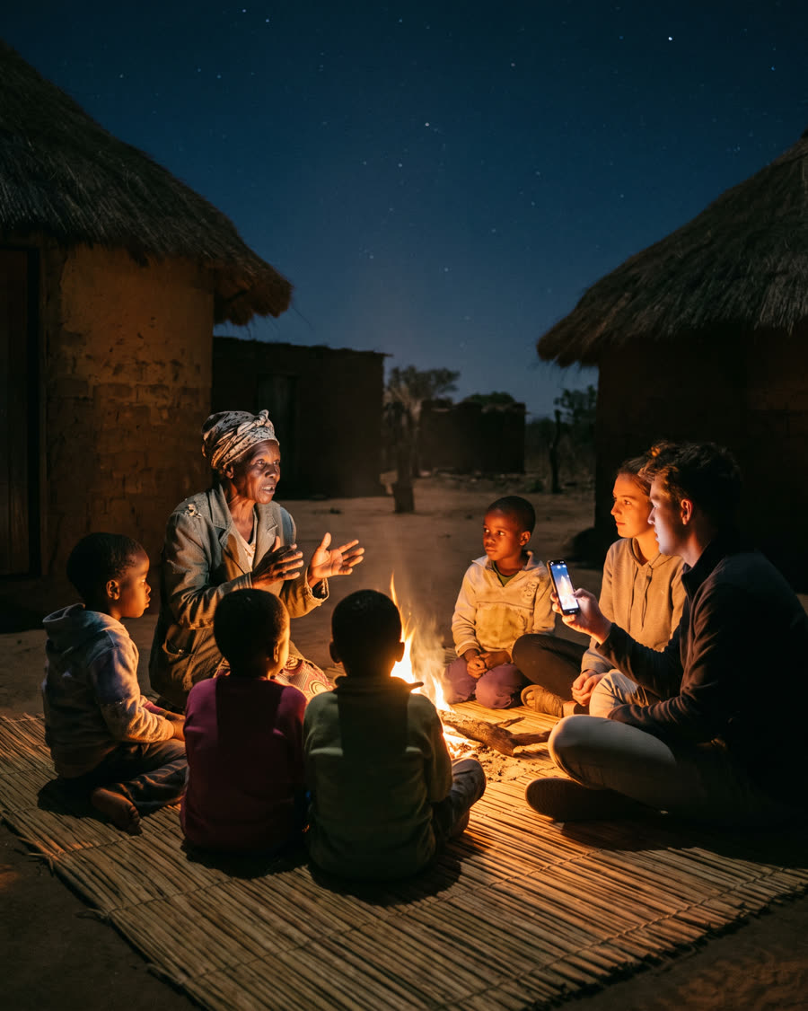 At night by a small fire, a grandmother in a patterned headwrap tells a story to children and young adults while one of them films on her phone
