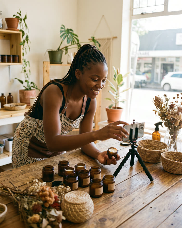 A young woman films her skincare products on a sunlit workshop table with a phone on a small tripod