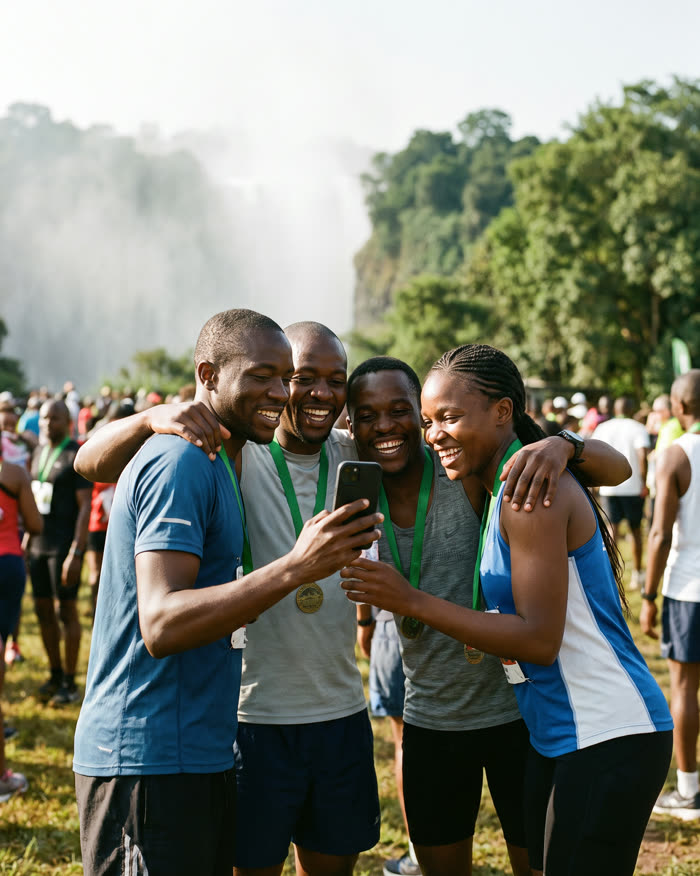 Friends in running gear with medals hugging at a marathon finish, one filming on a phone