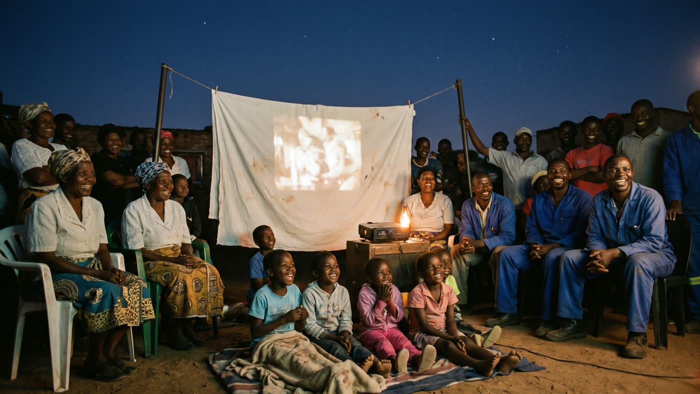 Neighbours on plastic chairs and blankets in a backyard at night, watching a film projected onto a white sheet hung on a washing line