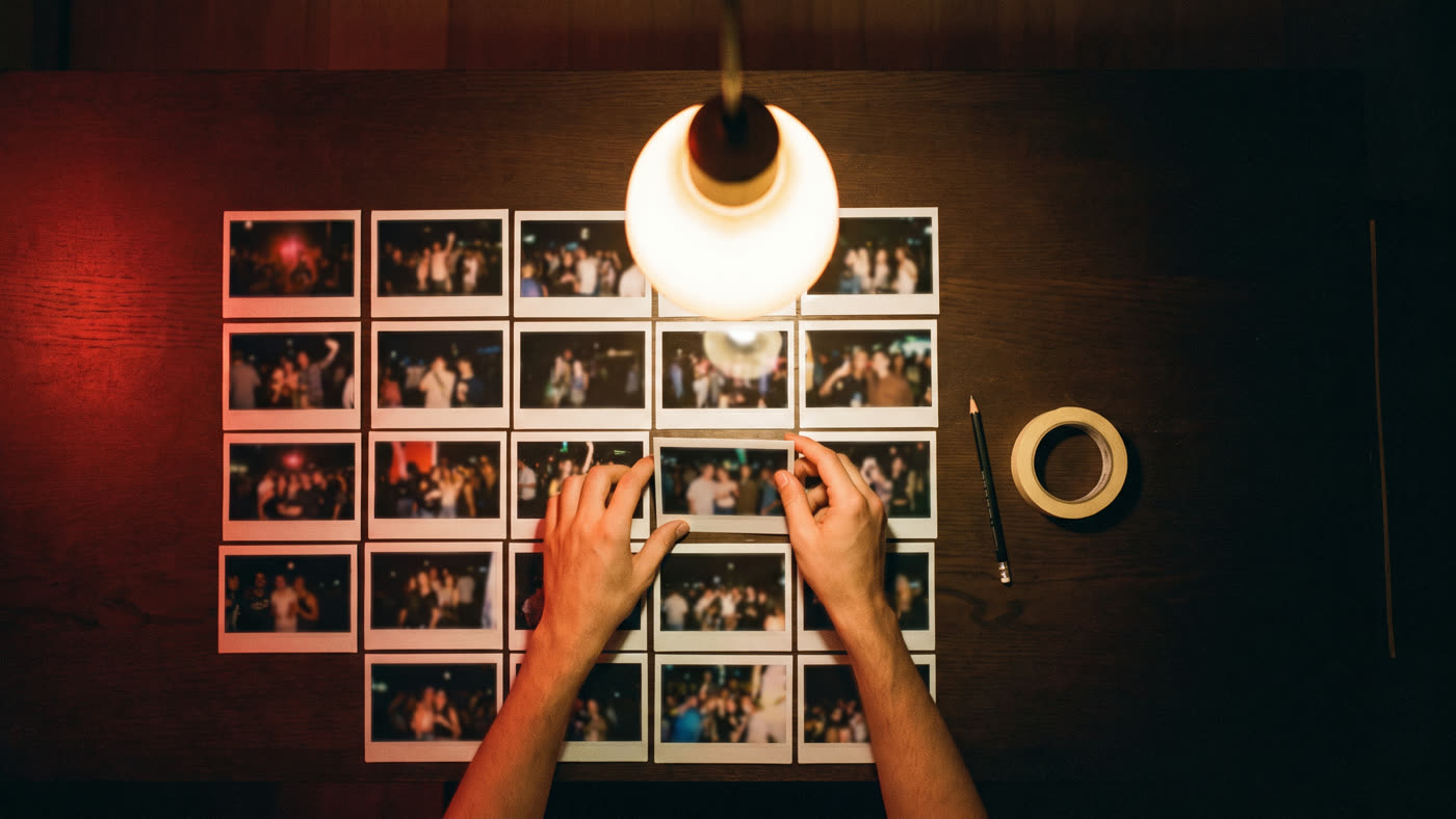 Printed film stills laid out in rows on a dark table under a warm lamp and a red safelight, a hand placing one print